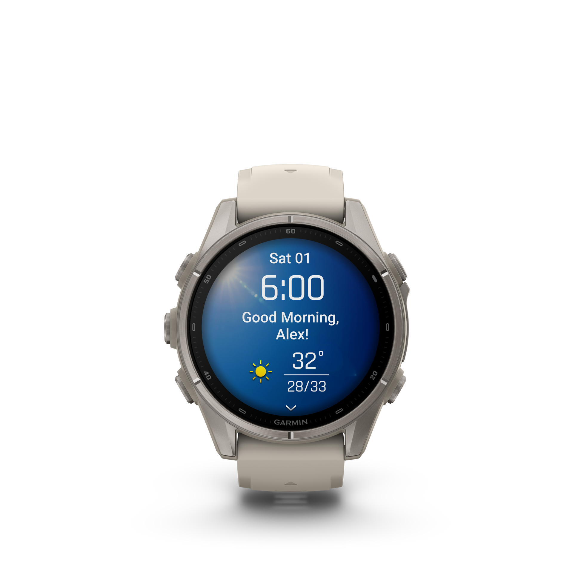 Garmin Fenix 9 AMOLED 43mm titanium smartwatch with gray silicone band