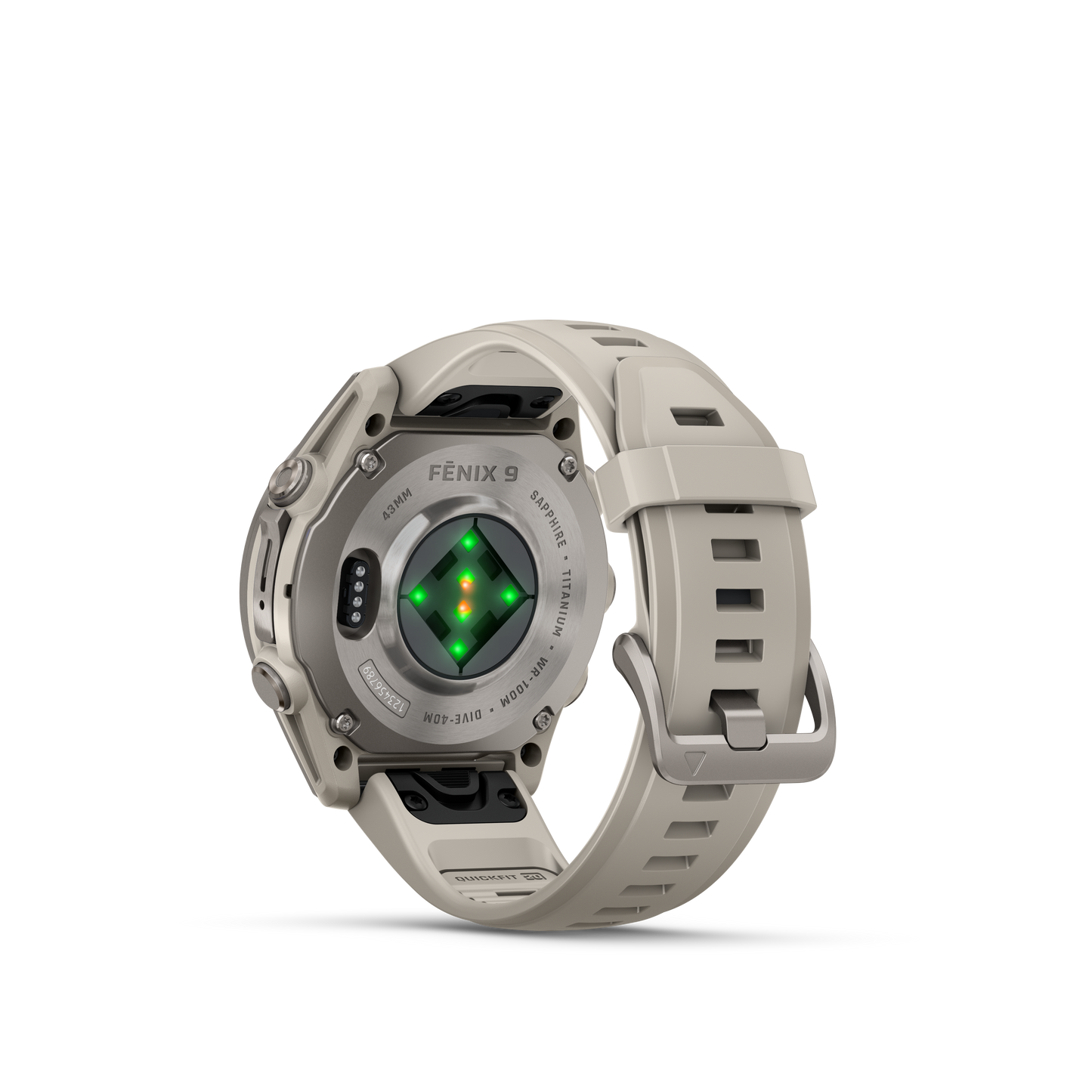 Garmin Fenix 9 AMOLED 43mm titanium smartwatch with gray silicone band, rear sensor array visible.