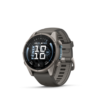 Garmin Fenix 9 AMOLED smart watch, 43mm titanium case with gray silicone band