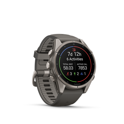 Garmin Fenix 9 AMOLED smartwatch, 43mm titanium case with gray silicone band.