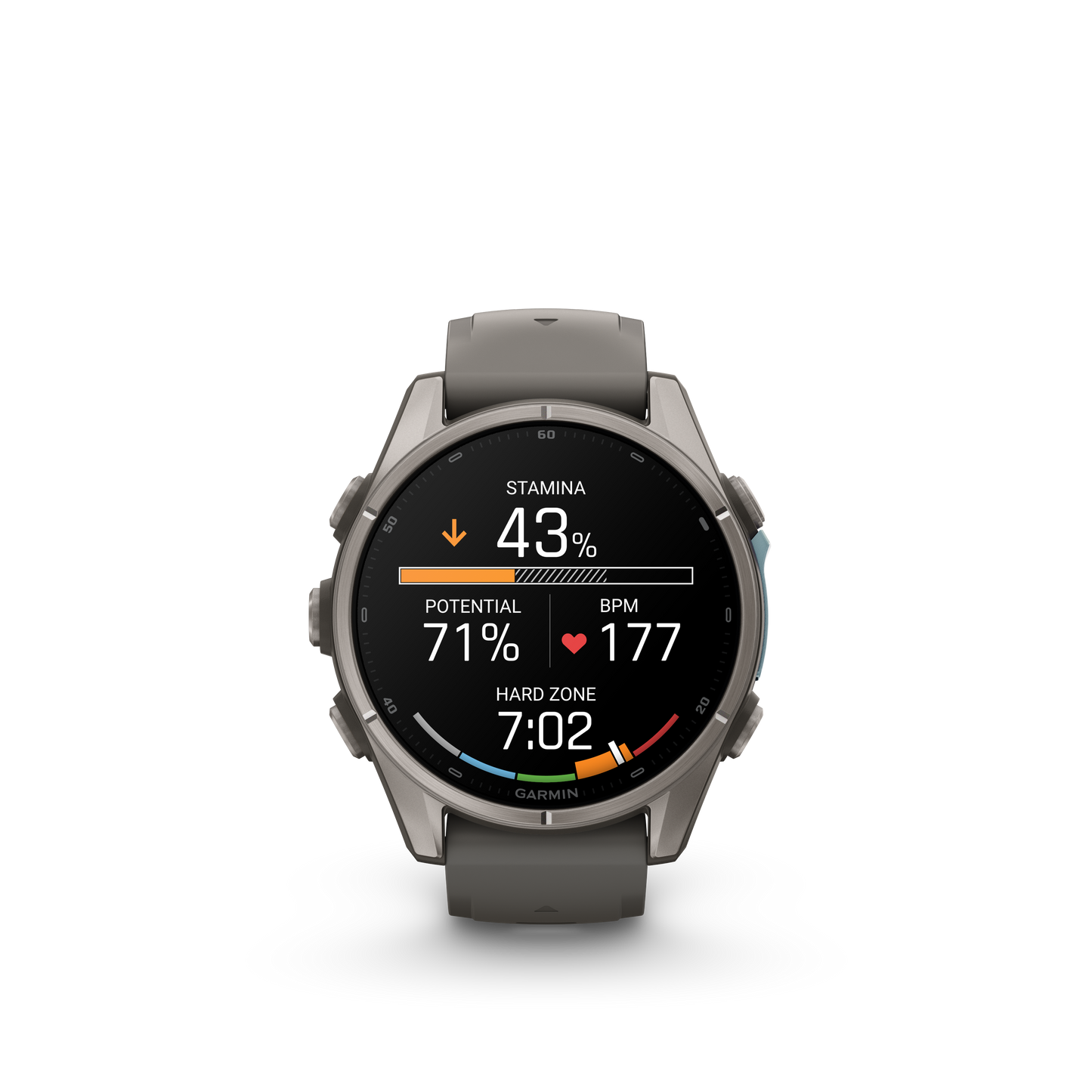Garmin Fenix 9 AMOLED smartwatch, 43mm titanium case with gray silicone band.
