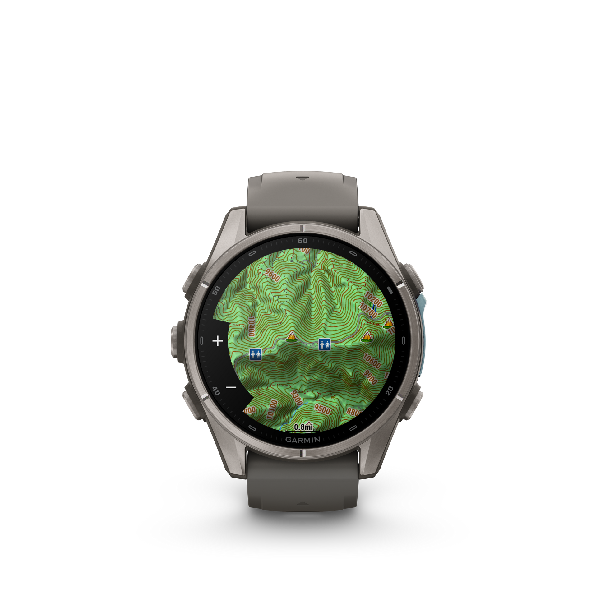 Garmin Fenix 9 AMOLED smartwatch, 43mm titanium case with gray silicone band, topo map display