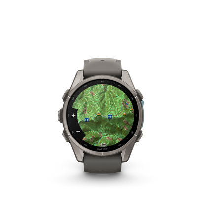 Garmin Fenix 9 AMOLED smartwatch, 43mm titanium case with gray silicone band, topo map display