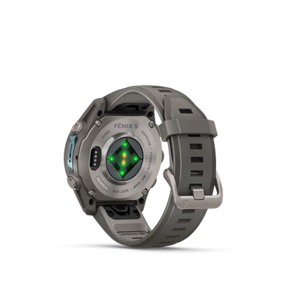 Garmin Fenix 9 Titanium smartwatch with gray silicone band, 43mm case