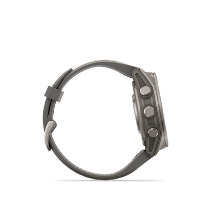 Garmin Fenix 9 AMOLED 43mm titanium smartwatch with gray silicone band
