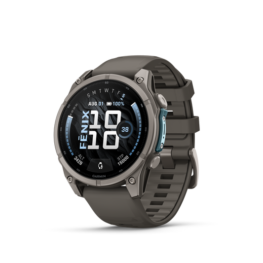 Garmin Fenix 9 AMOLED 47mm titanium smartwatch with gray silicone band