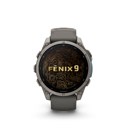Garmin Fenix 9 AMOLED smartwatch, 47mm titanium case with gray silicone band