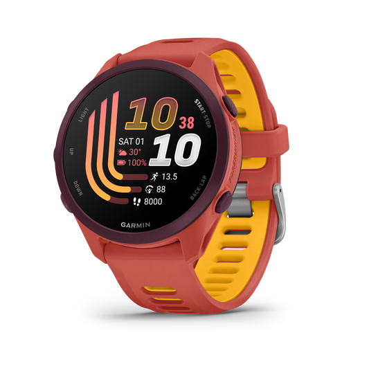 Garmin Forerunner 170 Music smart watch with red-pink outer band and mango-yellow strap.