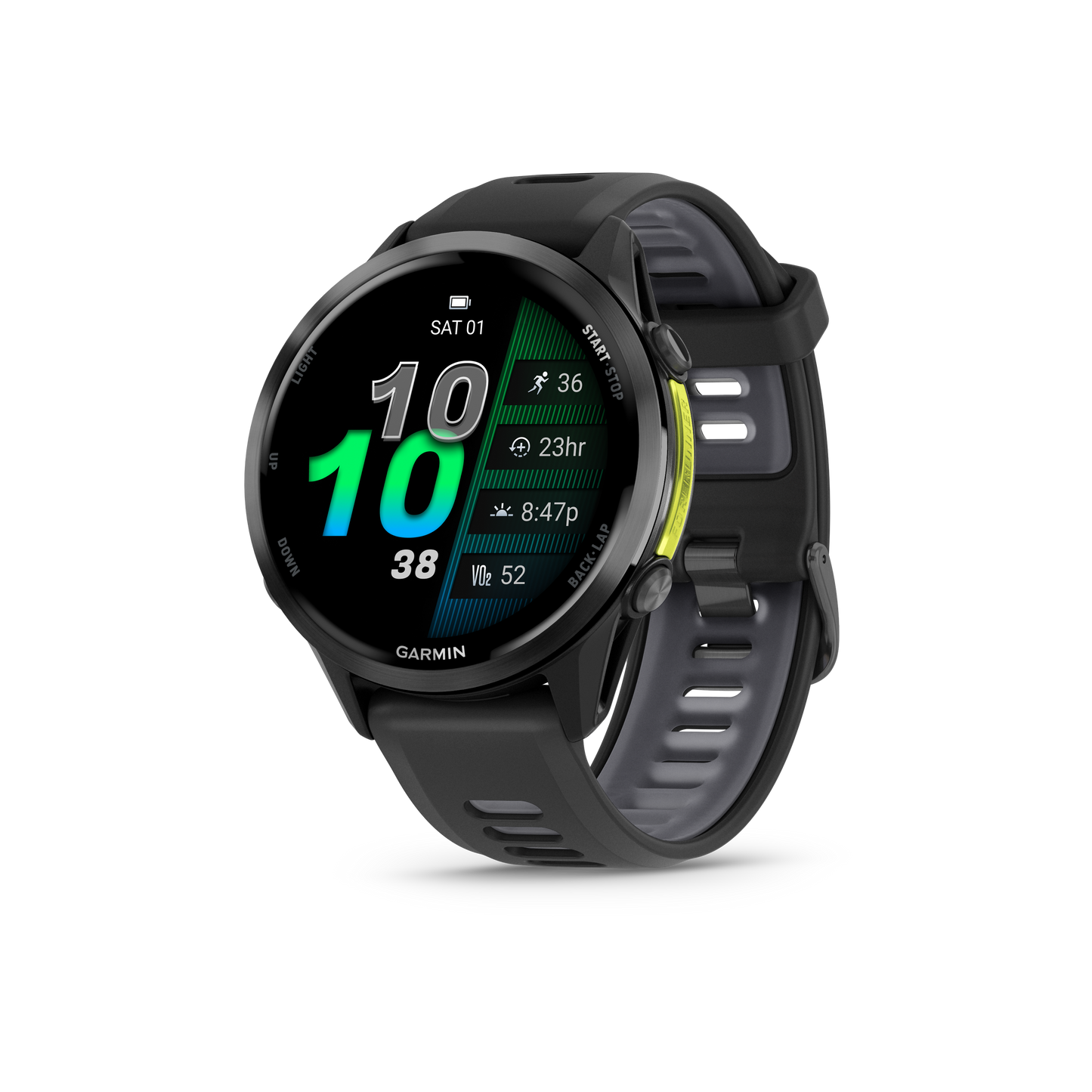 Garmin Forerunner 965, bisel de titanio DLC gris carbono con caja negra y correa de silicona amarilla Amp/negra (010-02809-02)