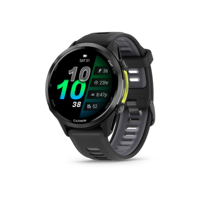 Garmin Forerunner 965, bisel de titanio DLC gris carbono con caja negra y correa de silicona amarilla Amp/negra (010-02809-02)