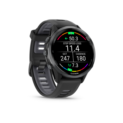 Garmin Forerunner 965, bisel de titanio DLC gris carbono con caja negra y correa de silicona amarilla Amp/negra (010-02809-02)
