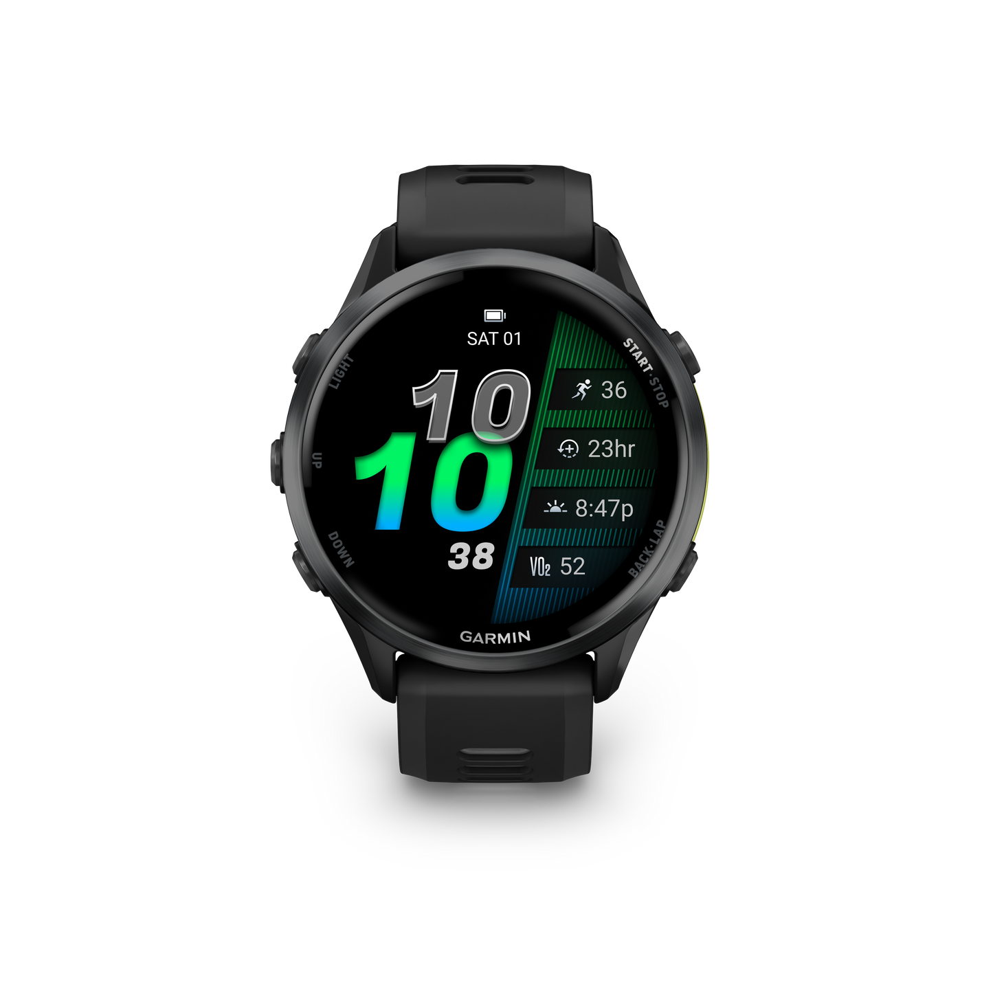 Garmin Forerunner 965, bisel de titanio DLC gris carbono con caja negra y correa de silicona amarilla Amp/negra (010-02809-02)