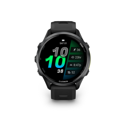 Garmin Forerunner 965, bisel de titanio DLC gris carbono con caja negra y correa de silicona amarilla Amp/negra (010-02809-02)