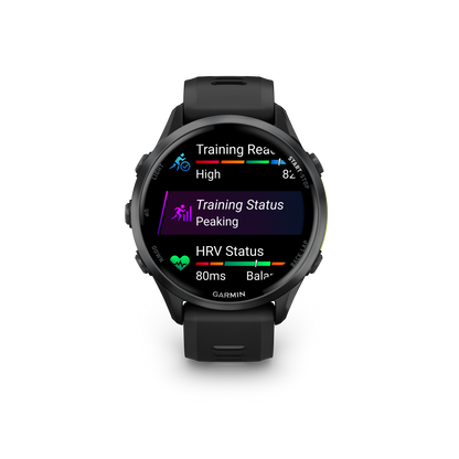 Garmin Forerunner 965, bisel de titanio DLC gris carbono con caja negra y correa de silicona amarilla Amp/negra (010-02809-02)