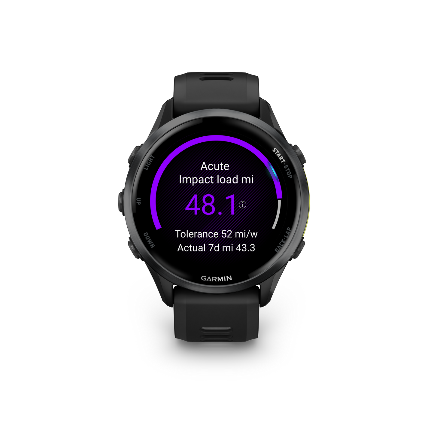 Garmin Forerunner 965, bisel de titanio DLC gris carbono con caja negra y correa de silicona amarilla Amp/negra (010-02809-02)