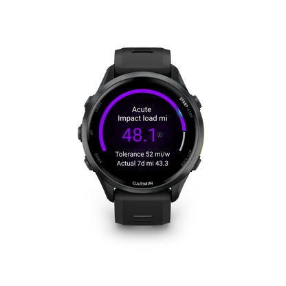 Garmin Forerunner 965, bisel de titanio DLC gris carbono con caja negra y correa de silicona amarilla Amp/negra (010-02809-02)
