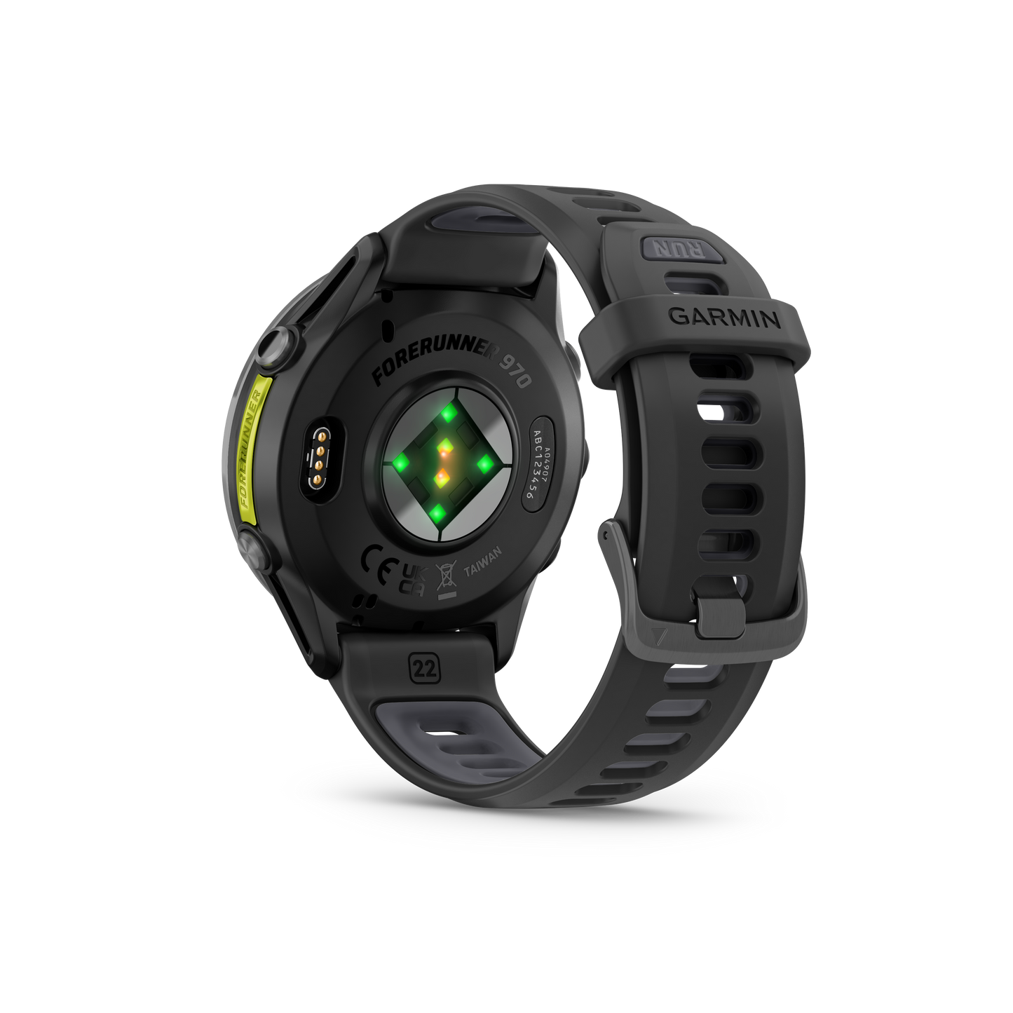 Garmin Forerunner 965, bisel de titanio DLC gris carbono con caja negra y correa de silicona amarilla Amp/negra (010-02809-02)