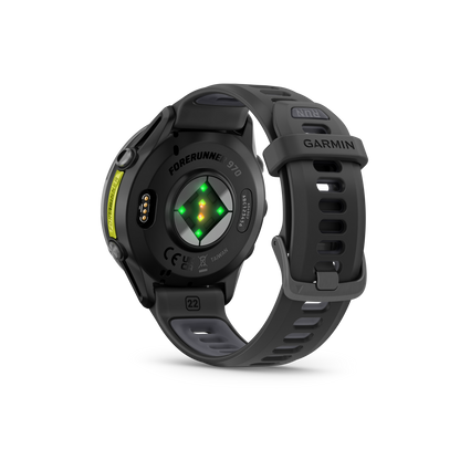 Garmin Forerunner 965, bisel de titanio DLC gris carbono con caja negra y correa de silicona amarilla Amp/negra (010-02809-02)