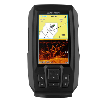 Garmin STRIKER Plus 4cv black fishfinder GPS with 4-inch color display and GT20-TM transducer.