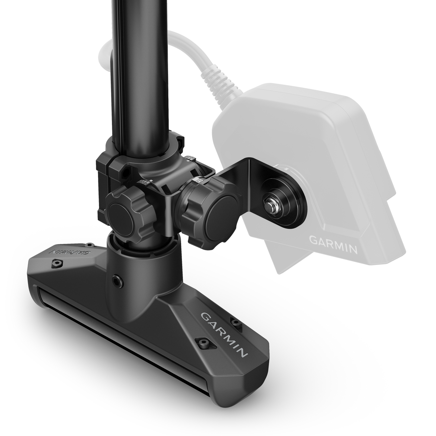 Garmin LiveScope 2 Transducer for marine fish finder; mounted on arm, white housing with Garmin branding