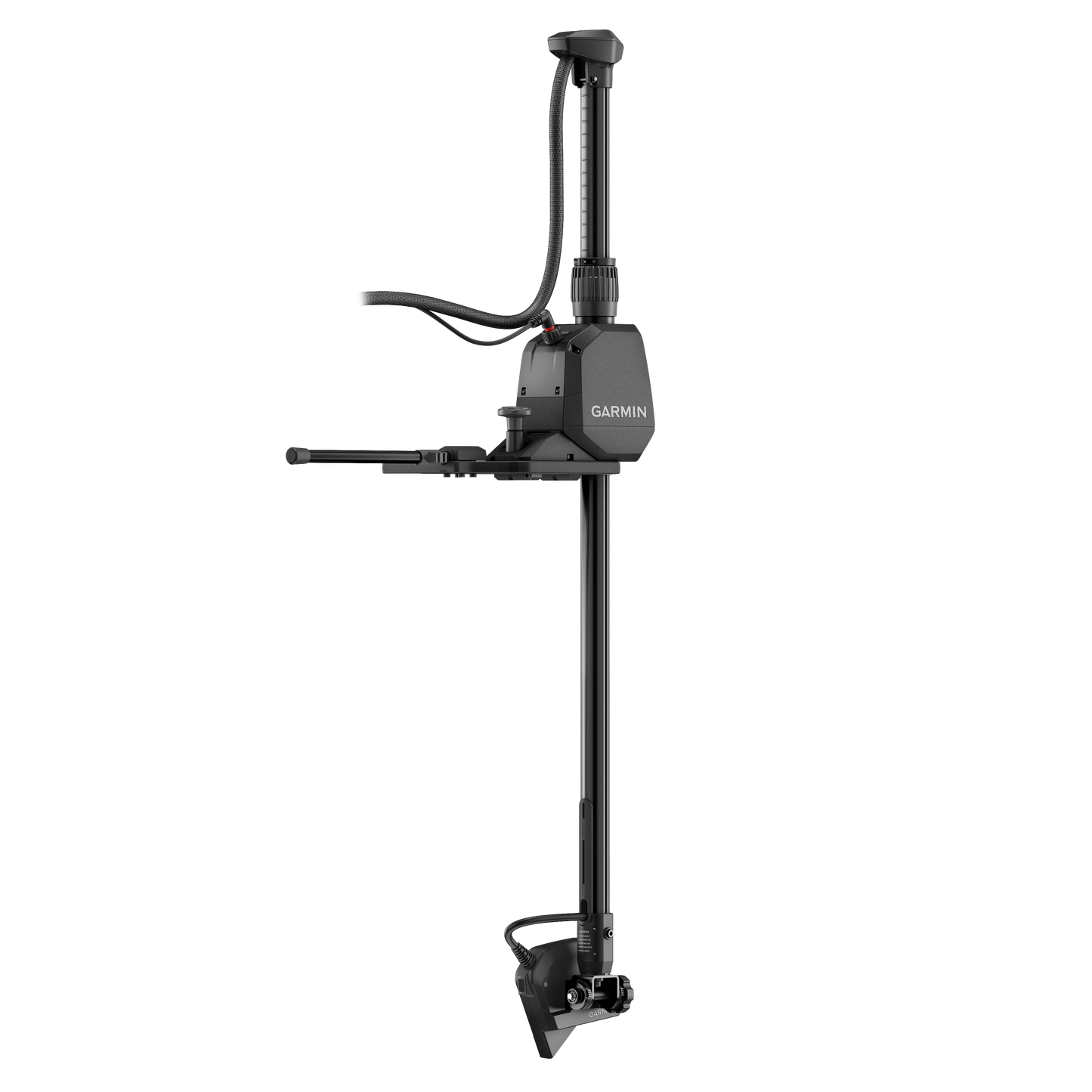 Garmin LiveScope 2 HD Transducer on adjustable marine mounting pole; black fish finder accessory
