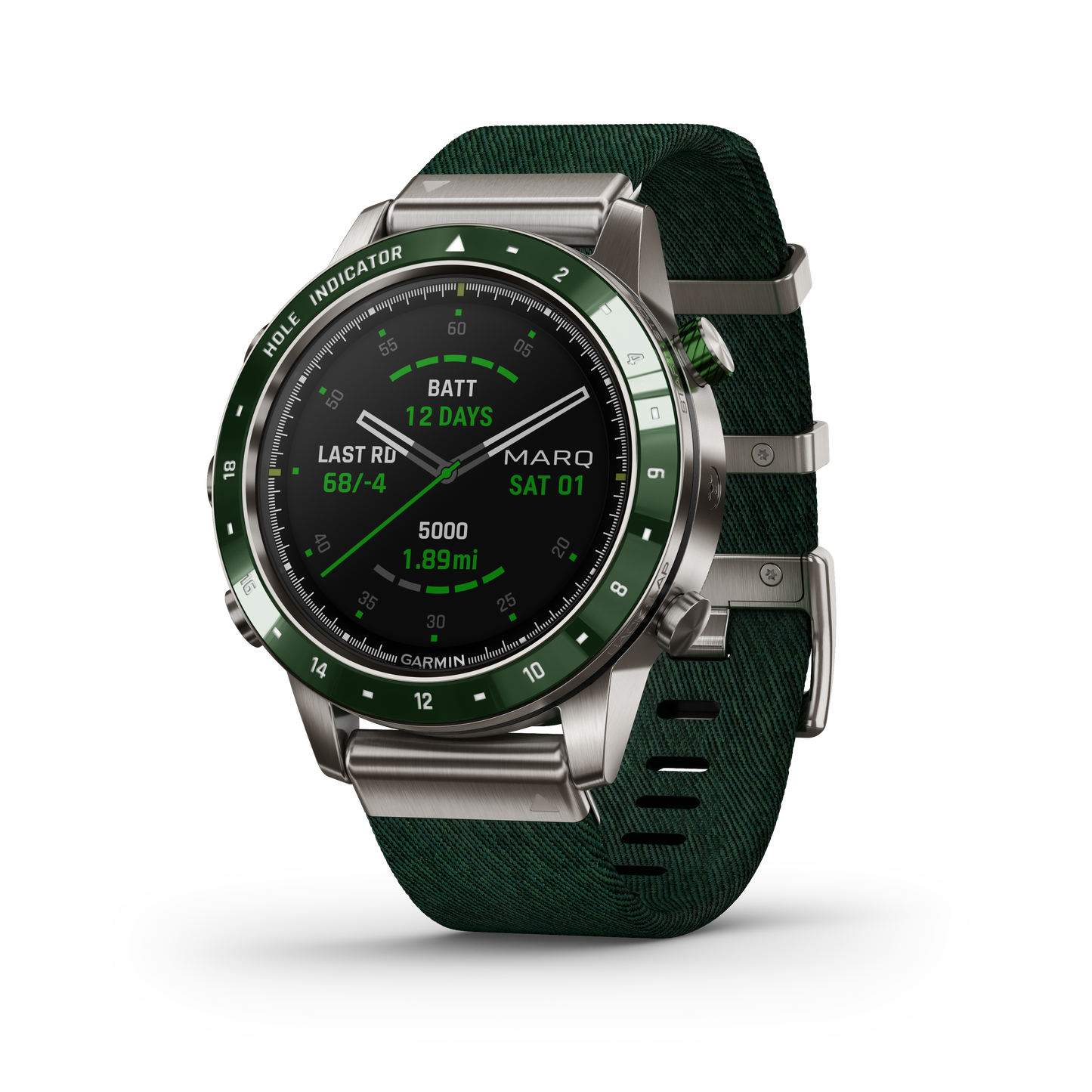 Garmin MARQ Golfer Gen1 men's luxury GPS smartwatch with green bezel and green strap