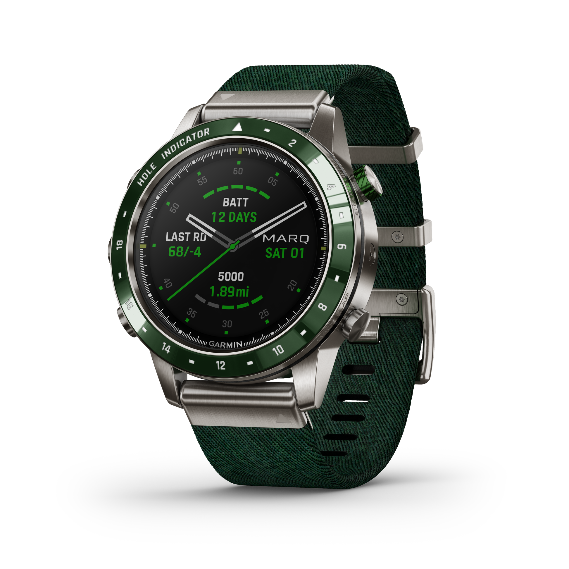 Garmin MARQ Golfer Gen1 men's luxury GPS smartwatch with green bezel and green strap