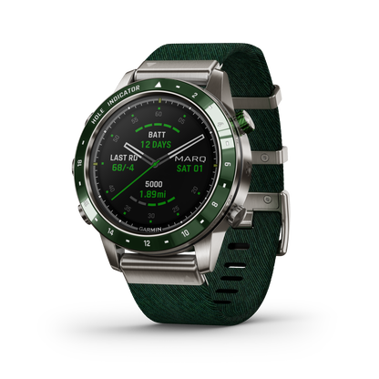 Garmin MARQ Golfer Gen1 men's luxury GPS smartwatch with green bezel and green strap