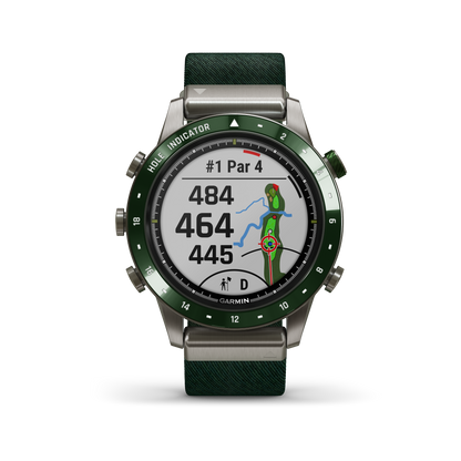 Garmin MARQ Golfer Gen1 Men's Luxury GPS smartwatch with green bezel and strap, displays golf yardages.