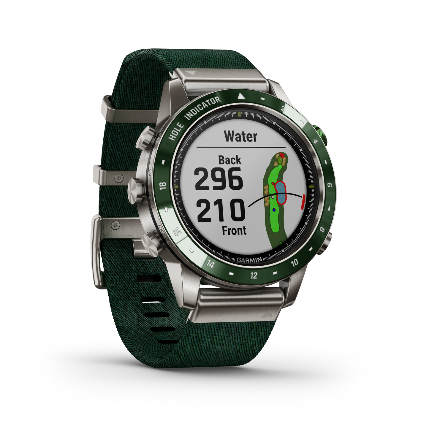 Garmin MARQ Golfer Gen1 men's luxury GPS smartwatch with green strap and golf-hole display