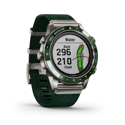 Garmin MARQ Golfer Gen1 men's luxury GPS smartwatch with green strap and golf-hole display