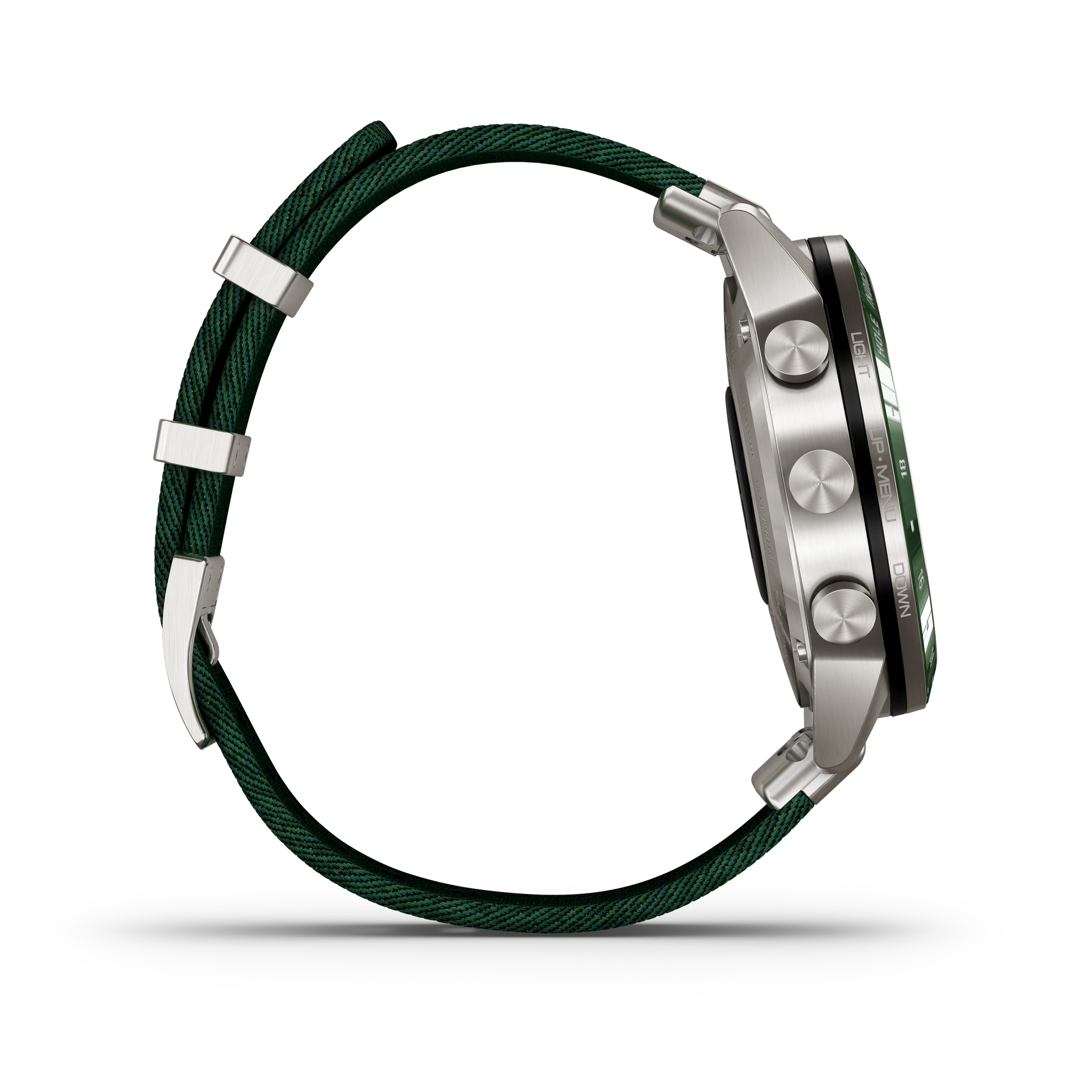 Garmin MARQ Golfer Gen1 smartwatch with green braided strap and stainless steel case