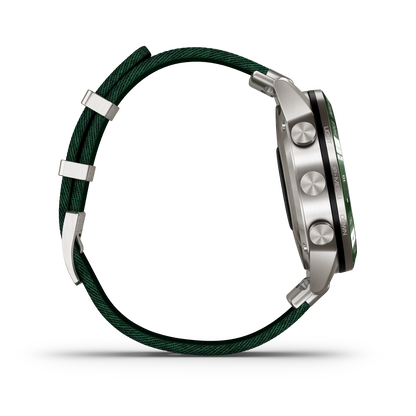 Garmin MARQ Golfer Gen1 smartwatch with green braided strap and stainless steel case
