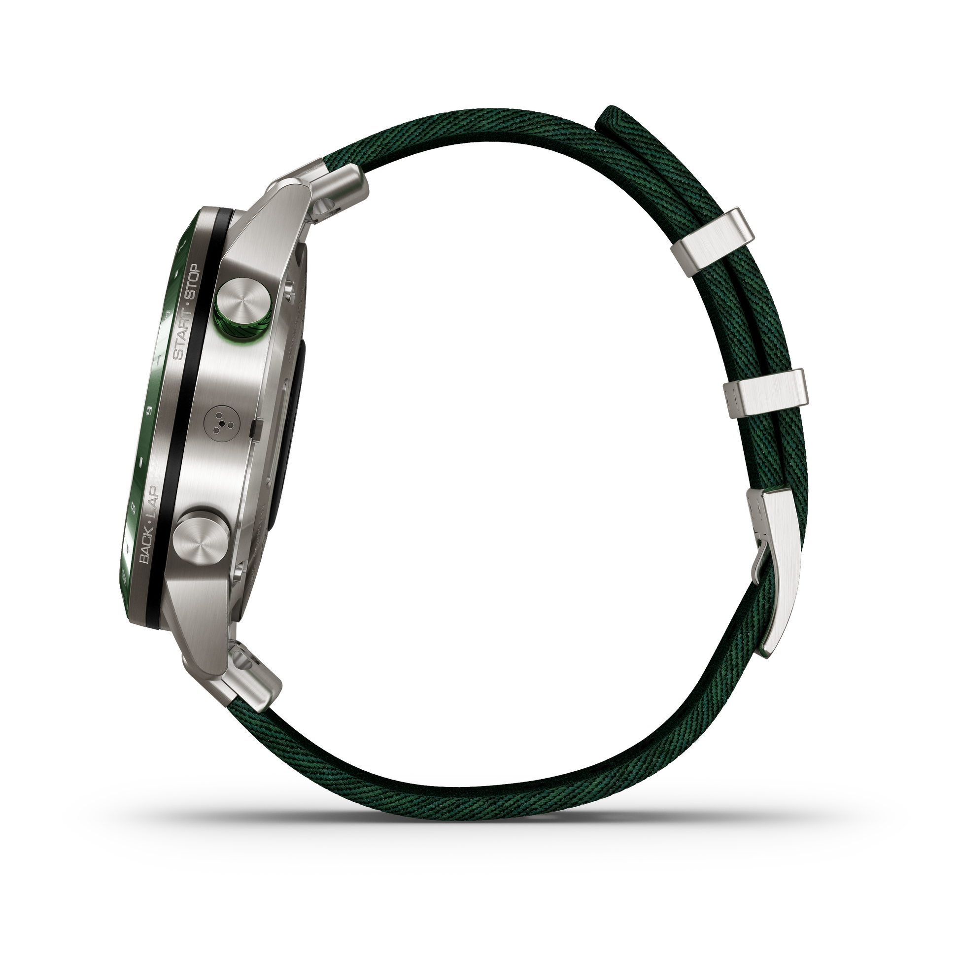 Garmin MARQ Golfer Gen1 smartwatch with stainless steel case and green braided strap.