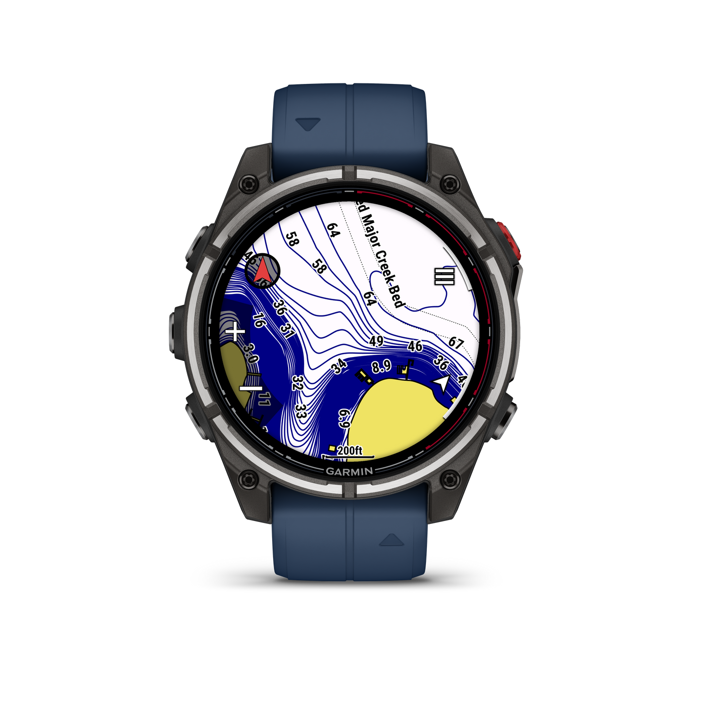 Garmin quatix 8 Pro marine GPS smartwatch, 47 mm, blue strap, round AMOLED display showing nautical chart and tide data.