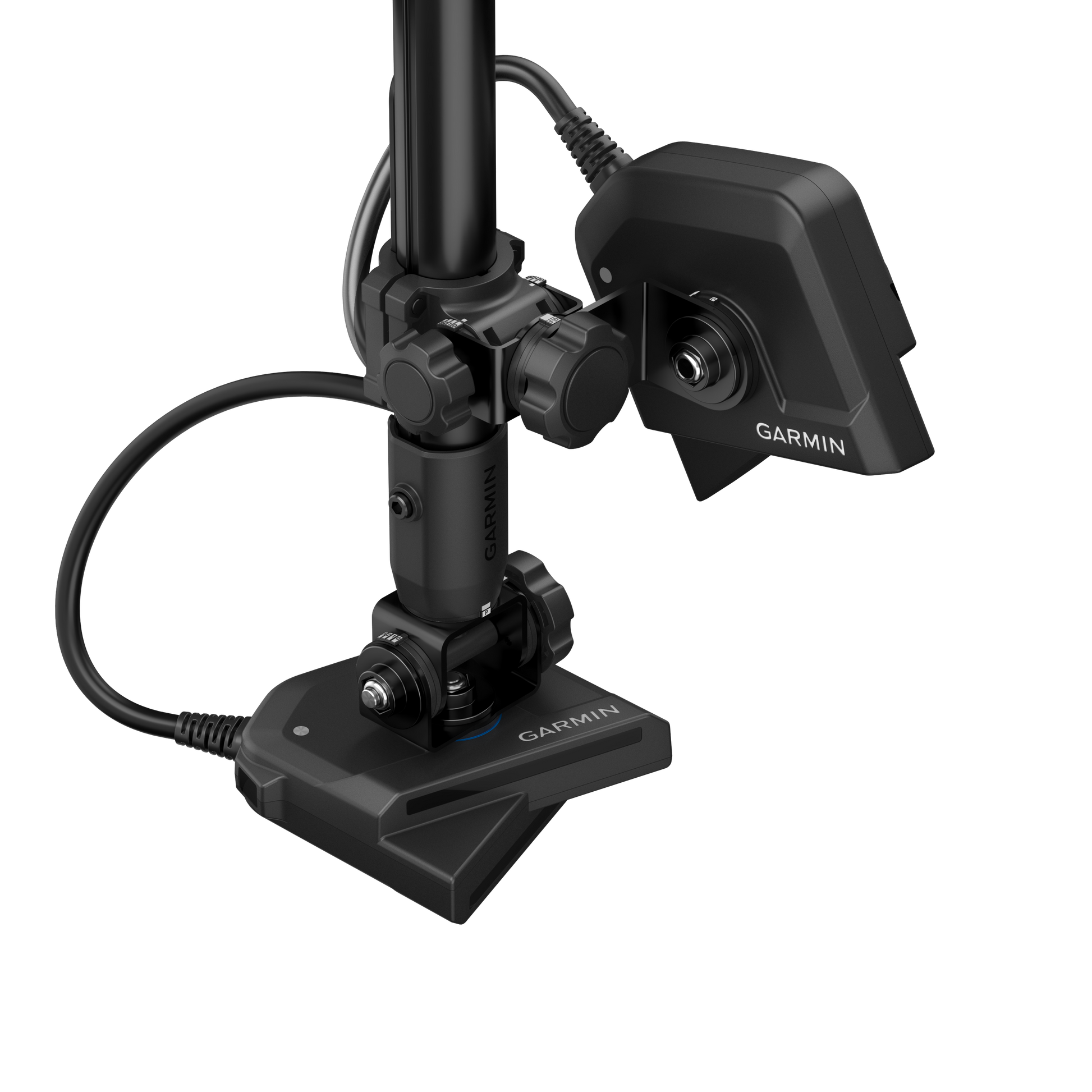 Garmin LiveScope 2 transducer on black mounting pole with Garmin branding