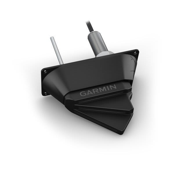 Garmin Panoptix LVS32-TH transducer thru-hull mount; black housing with Garmin logo.