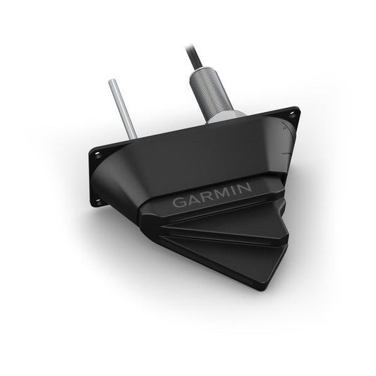 Garmin Panoptix LVS32-TH transducer thru-hull mount; black housing with Garmin logo.