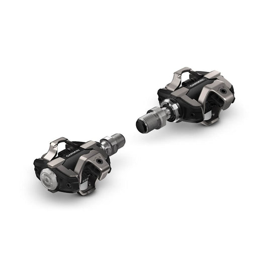 Garmin Rally XC100 single-sensing power meter bicycle pedals, black and silver finish, 2 pedals shown