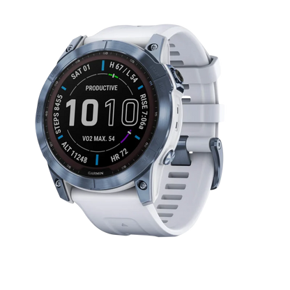 Garmin Fenix 7X, Sapphire Solar, Mineral Blue Titanium w/ Whitestone Band (Garmin Certified Refurbished)
