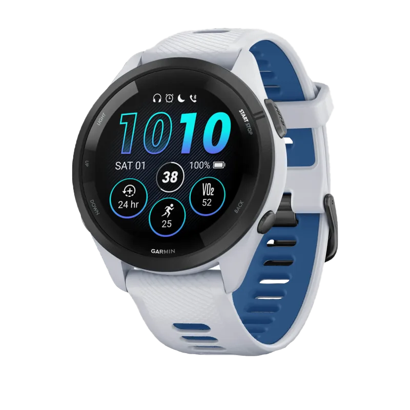 Garmin Forerunner 265, 46 mm Black Bezel with Whitestone Case and Whitestone/Tidal Blue Silicone Band (010-02810-01)