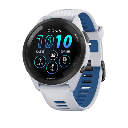 Garmin Forerunner 265, 46 mm Black Bezel with Whitestone Case and Whitestone/Tidal Blue Silicone Band (010-02810-01)