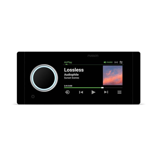 Garmin Fusion Apollo MS-RA800 marine head unit with round blue-ring illuminated knob and display.