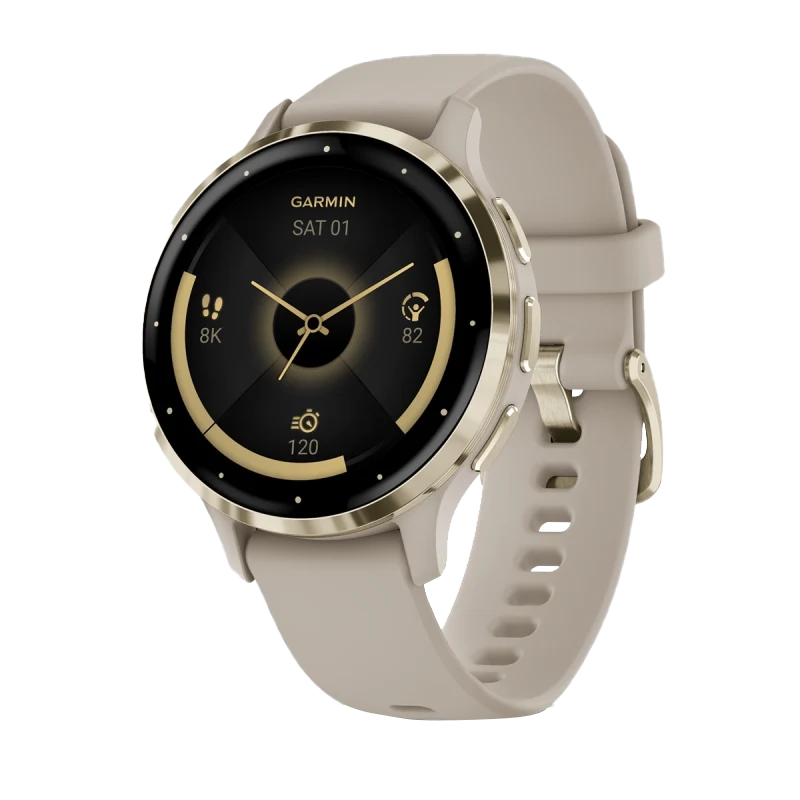 Garmin Venu 3S, 41 mm Soft Gold Stainless Steel Bezel with French Gray Case and Silicone Band (010-02785-02)