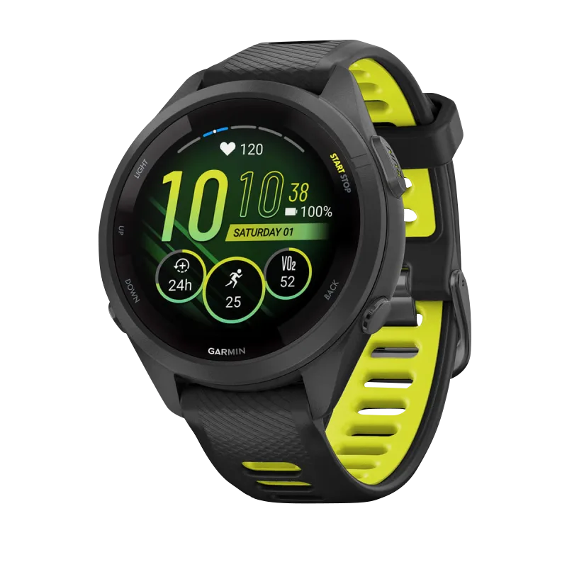 Garmin Forerunner 265S, 42 mm Black Bezel and Case with Black/Amp Yellow Silicone Band (010-02810-03)