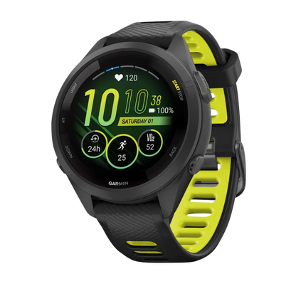 Garmin Forerunner 265S, 42 mm Black Bezel and Case with Black/Amp Yellow Silicone Band (010-02810-03)