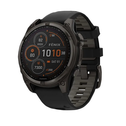 Garmin Fenix 8, 51 mm Solar Sapphire, Carbon Gray DLC Titanium with Black/Pebble Gray Silicone Band (010-02907-10)