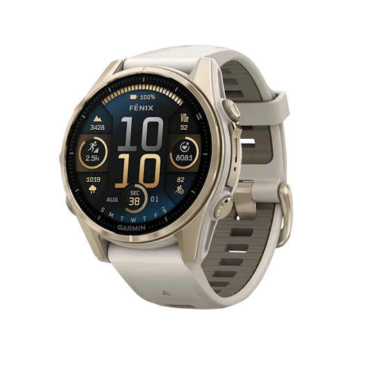 Garmin Fenix 8, 43 mm AMOLED Sapphire, Soft Gold with Fog Gray/Dark Sandstone Silicone Band (010-02903-10) by Garmin