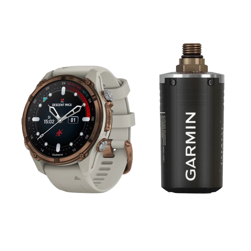 Garmin Descent Mk3i, 43 mm, titanio PVD bronce con correa de silicona gris francesa y transceptor Descent T2