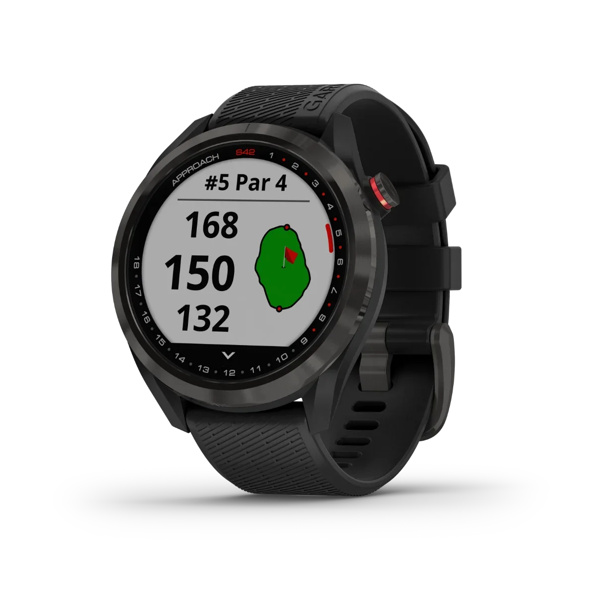 Garmin Approach S42 black golf GPS smartwatch with round display and silicone band